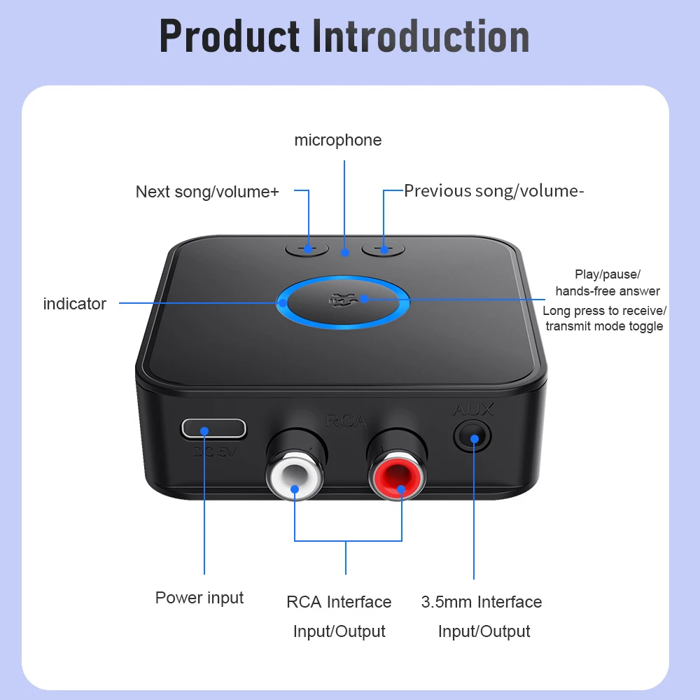 Kebidumei Bluetooth6.0 오디오 어댑터 수신기 송신기 무선 스테레오 음악 3.5mm AUX RCA 지원 PC 스피커 용 듀얼 장치