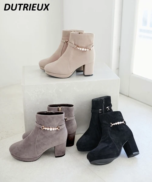 

Fashion Autumn Winter Pearl All-Match Ankle High Heel Japanese Style Women's Shoes Elegant Simple Short Martin Boots for Ladies