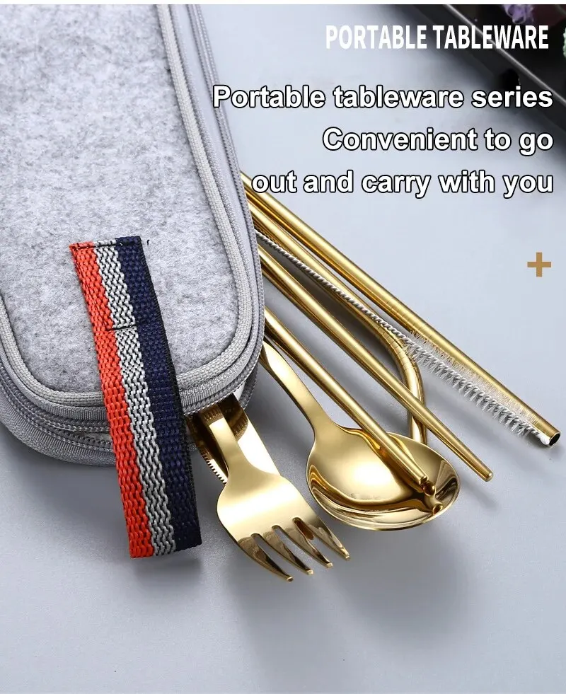 Description Picture 2 of item1set Silvery/Golden 304 Stainless Steel Straw Tableware Set Portable Knife Fork Chopsticks Straw and Brush