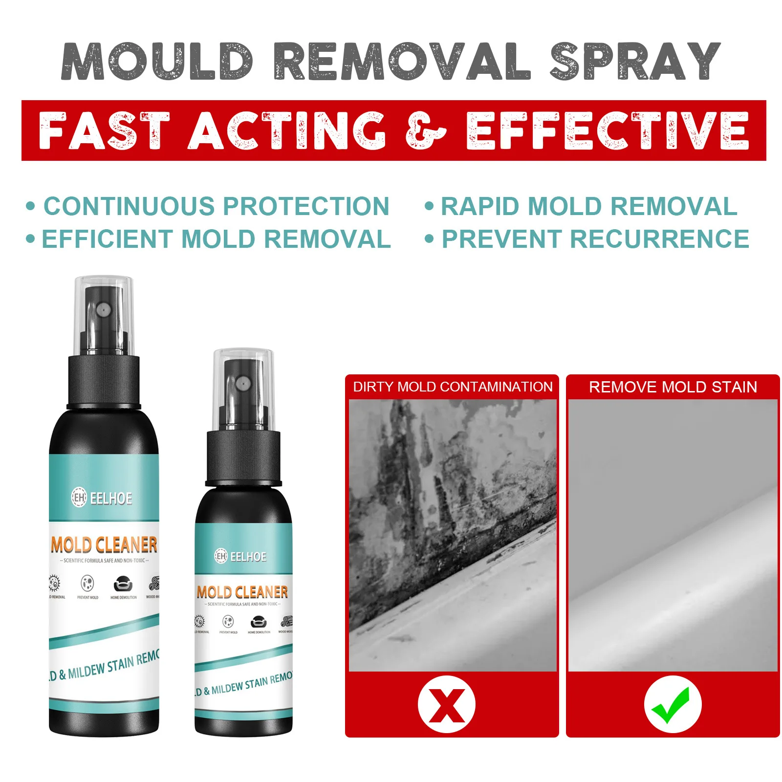 Spray anti-moisissure Eelhoe 30ml/100ml - Nettoyant mural et carrelage vu de côté avec bouchon pulvérisateur visible