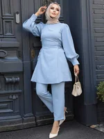 Ensemble 2 pièces pour femmes musulmanes, manches longues, à lacets, Y et pantalon, Turquie Abaya, tenues islamiques solides, caftan arabe, survêtement 2
