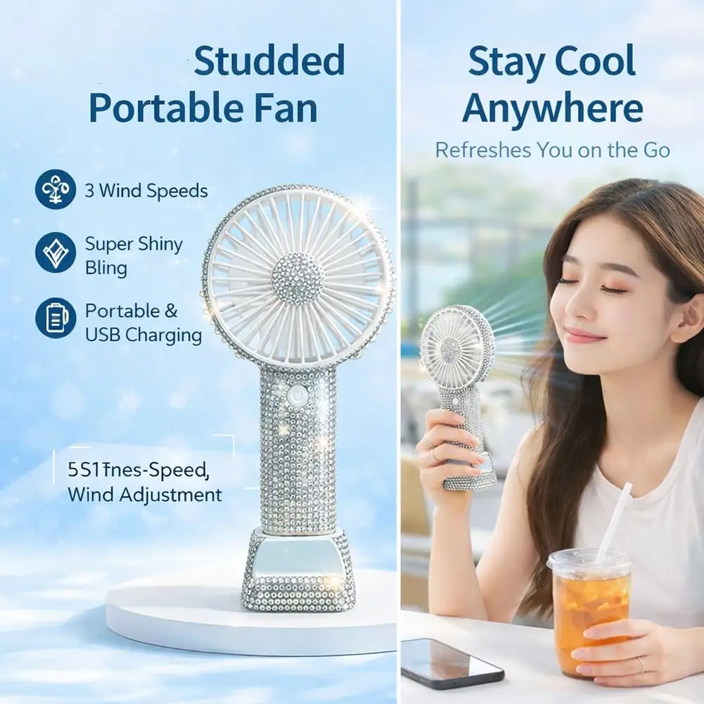 Handheld Inaly Rhinestones Draagbare Zomerventilator USB Oplaadbare Mini Koeler Bureau Roze Persoonlijk_voghion.com
