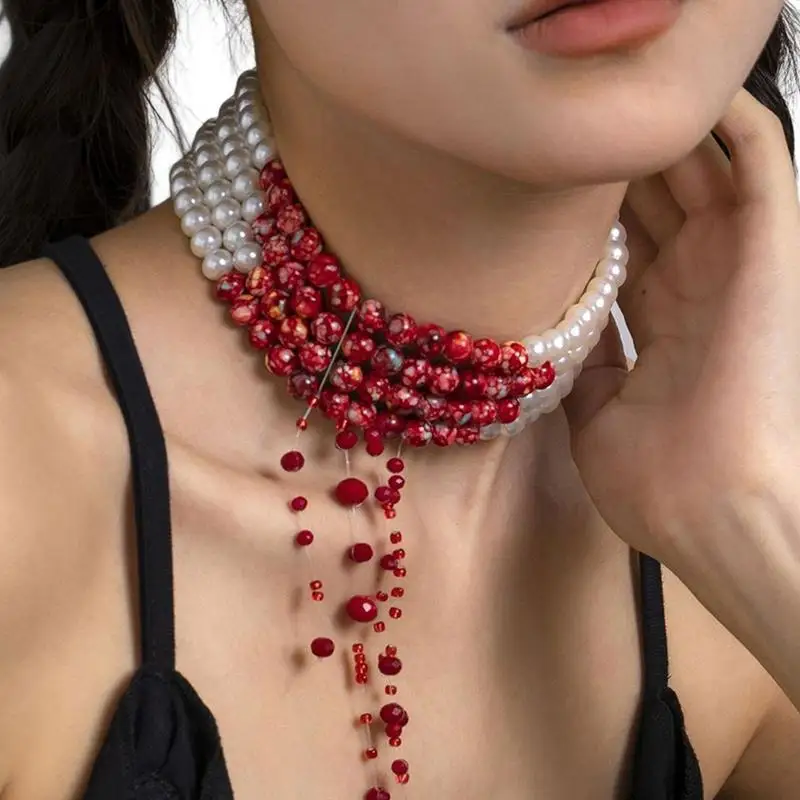 

Dripping Necklace Vampire Accessories For Women Dripping Blood Four Layer Pearl Necklace Adjustable Choker For Halloween