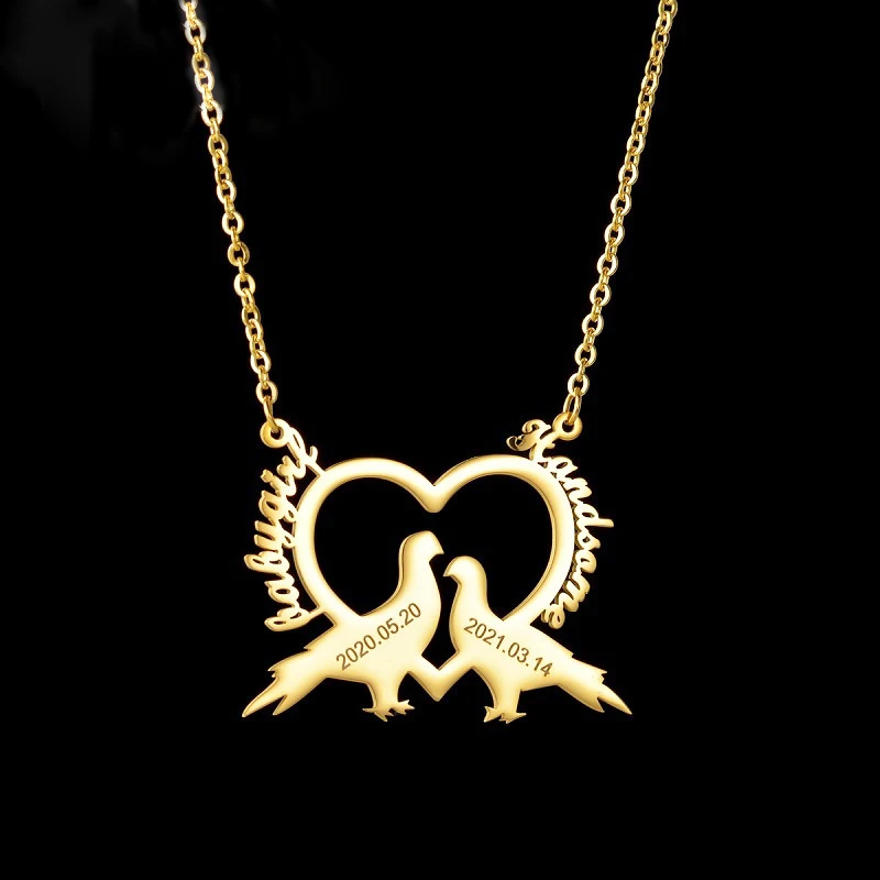 Stainless Steel Custom Letter Name Necklaces Couples Pair of Lovebirds Love Heart Pendants Lovers Commemorative Date Gift