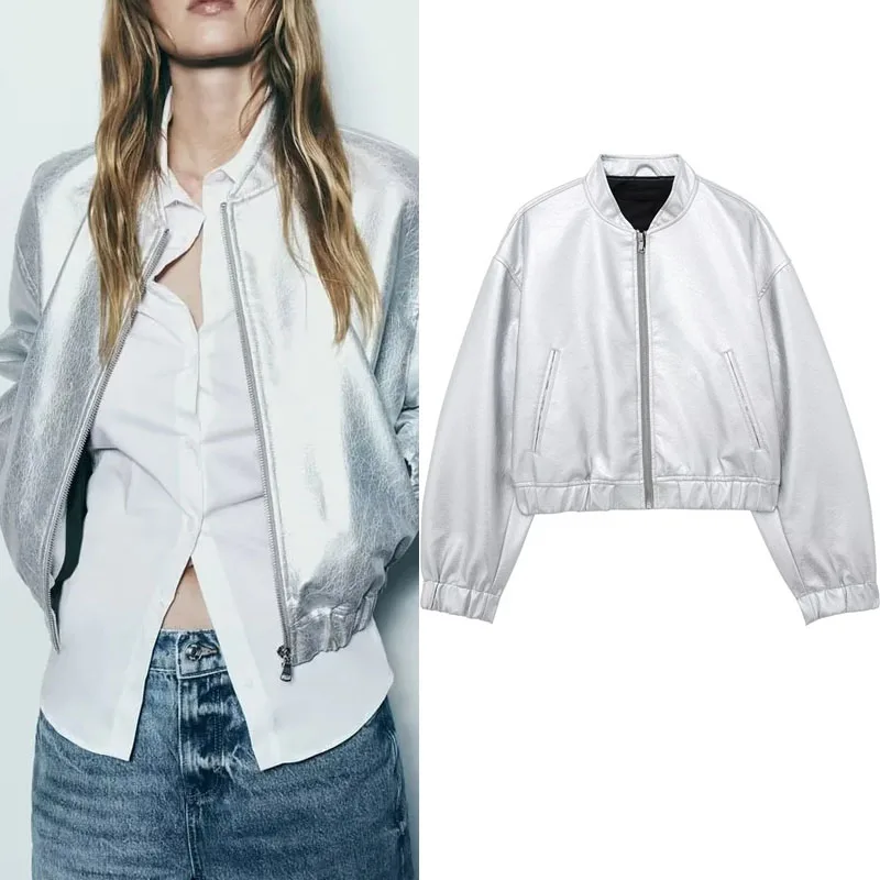 

TRAF Silver Zipper Metallic Bomber Jacket Women High Collar Long Sleeves Tops Female Autumn Elasticized Trim Faux Leather Coats