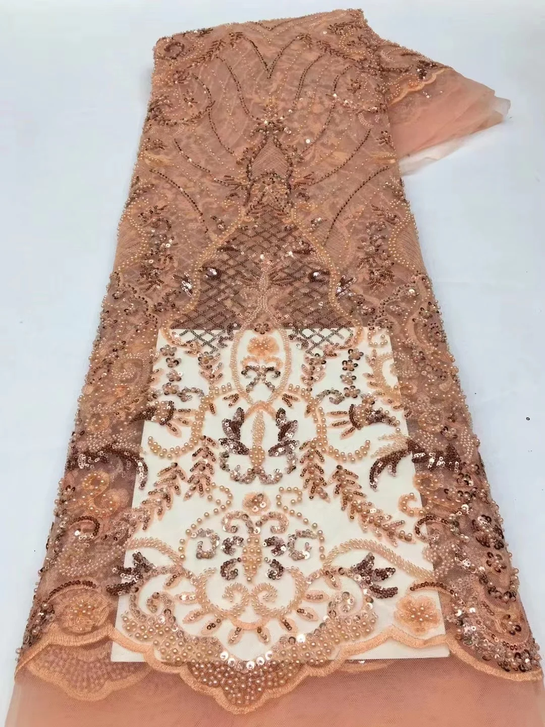 

Peach African Sequins Lace Fabric 2023 Beaded Lace Fabric 3D Embroidery Tulle Lace Fabric 5 Yards For Party Dress