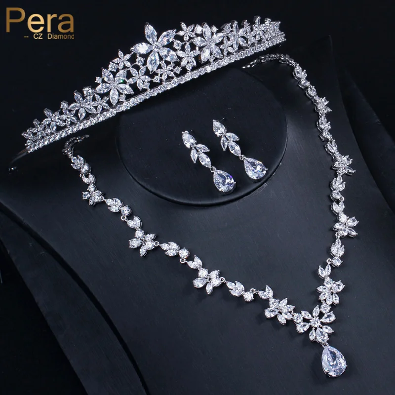 

Pera Gorgeous 3Pcs Cubic Zirconia Luxury Bridal Wedding Necklace Earrings Crown Tiara Sets for Brides Jewelry Accessories J029