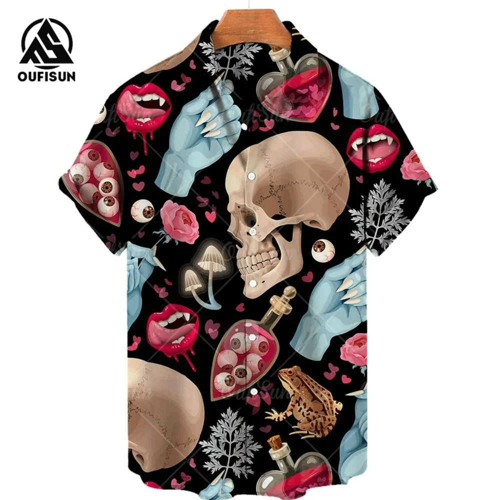 Summer Fashion Men's Short Sleeve Casual Printed Shirt Flowers Horror Skull Print Vacation Travel Oversized Top Size S-5XL 3