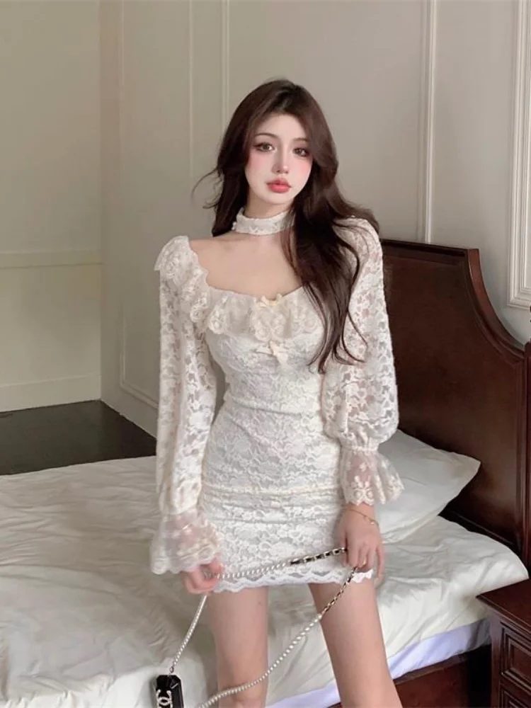 

QWEEK Sexy Lace Bodycon Dress Women Vintage Retro Elegant Evening Party Flare Sleeve Short Dresses 2023 New In Slim Sheath