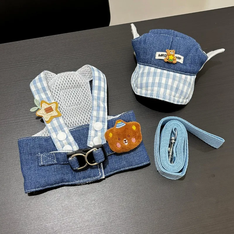 1/Set Dog Harness Leash Puppy Hat Cute Bear Plaid Stripe Harness Leash Rope Ins Style Dog Walking Small Supplies pet harness leash set pet harness set pet leash set