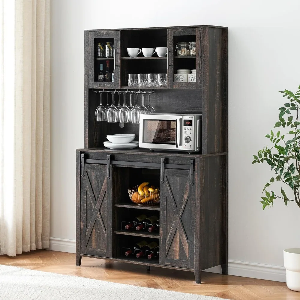 Farmhouse Coffee Bar Cabinet with Sliding Barn Door, 70" Tall Buffet Cabinet with Storage Shelves, Liquor Wine