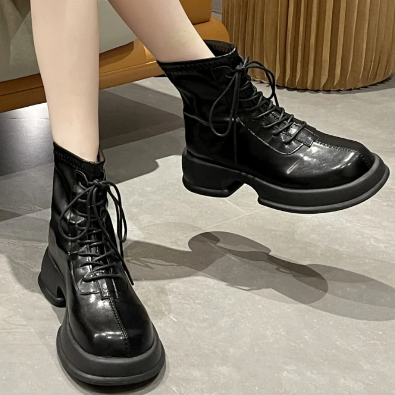 

Женские Водонепроницаемые ботинки на платформе, однотонные ботинки на шнуровке, с круглым носком, на молнии, весна-осень 2023