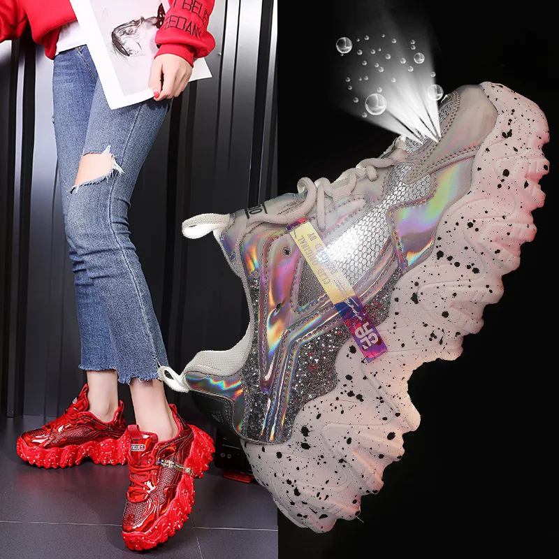 

Women Thick Soled Height Increasing Sequins Sneakers Women 2023 New Chunky Platform Comfortable Trend Sneakers