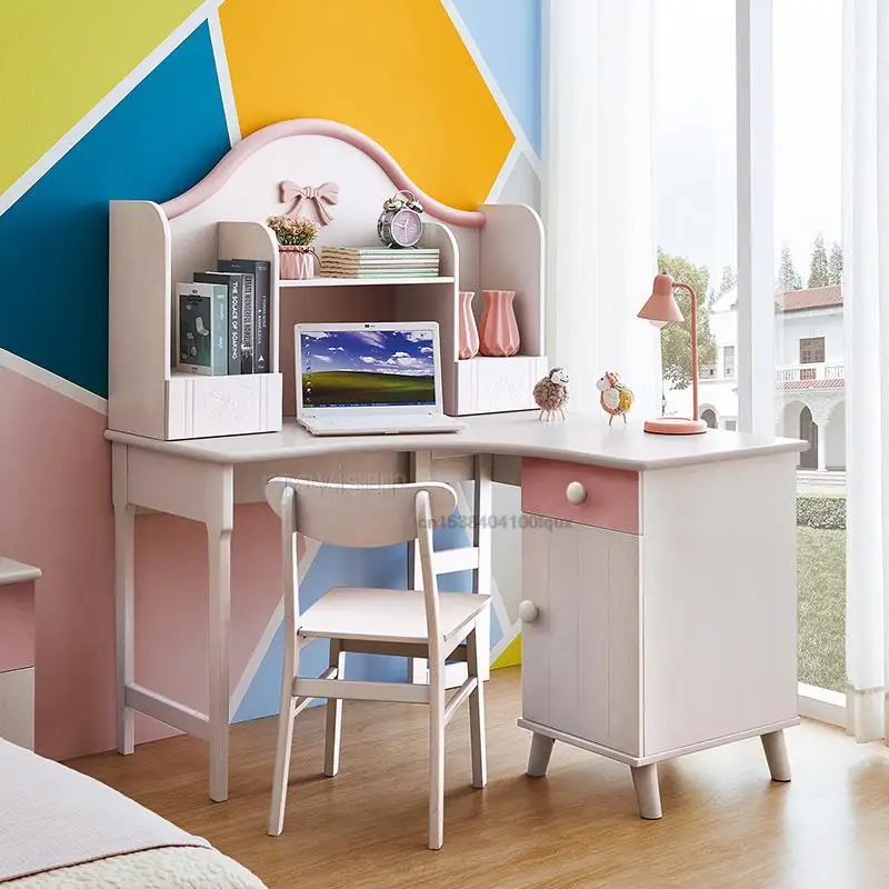 Solid Wood Children's Desk And Bookcase Combination Pink Simple Student Corner Computer Desk Multifunctional Home Furniture