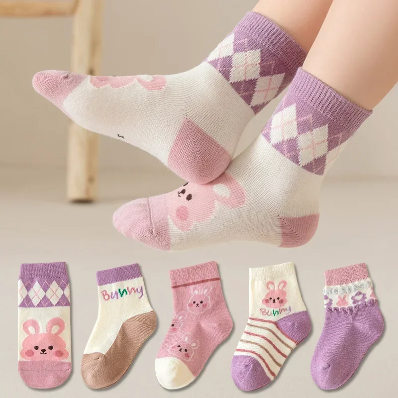 Kids Socks 5 Pairs Cute Baby Girls Spring Autumn Cartoon Children Socks Infant Toddler Boy 1-12 Years