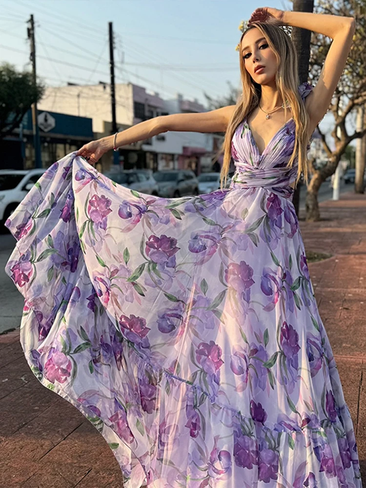 Beach Vacation Print Dress Women 3D Flower V Neck Sleeveless Bandage High Waist A Line Robe Female 2026 Summer New Chic Dresses 6