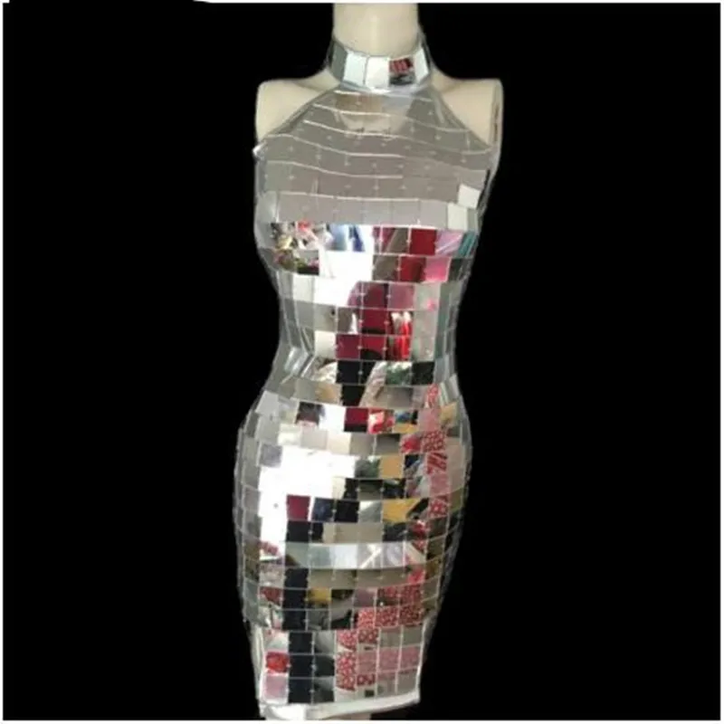 

Female Modern Dance Singer Nightclub Concert Stage Costumes Silvery Sequins Skinny Reflective Mirrors Sleeveless Dress One Piece