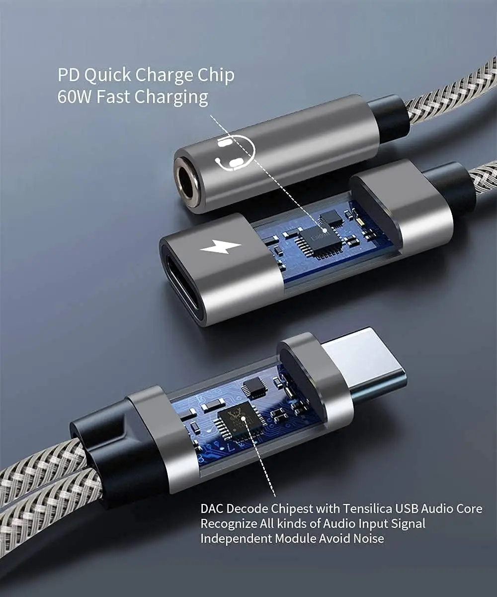 2-in-1 USB-C to 3.5mm & 60W PD Charger Adapter, HiFi Audio with DAC Chip, Fast Charging for Samsung/Google/iPad Pro/MacBook