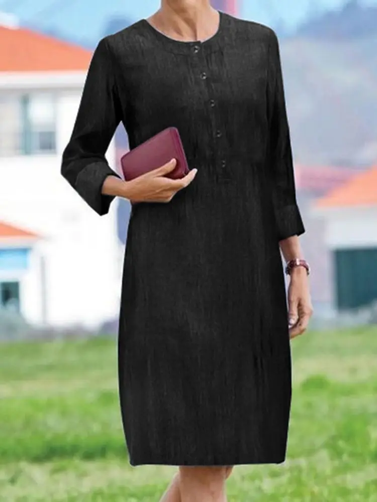 

ZANZEA Vintage Long Sleeve Vestido Women Denim Long Dress Causal Loose Crewneck Midi Dresses 2023 Autumn Buttons Solid OL Robes