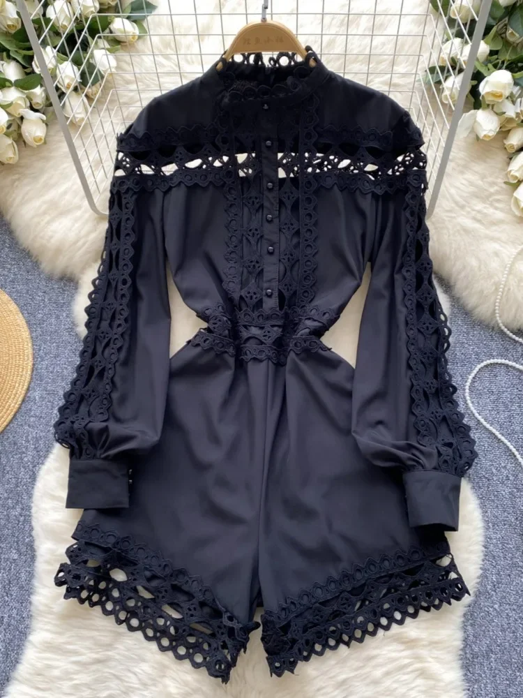 Elegant Retro Lace Jumpsuits Autumn Fashion Chic Collar Hollow