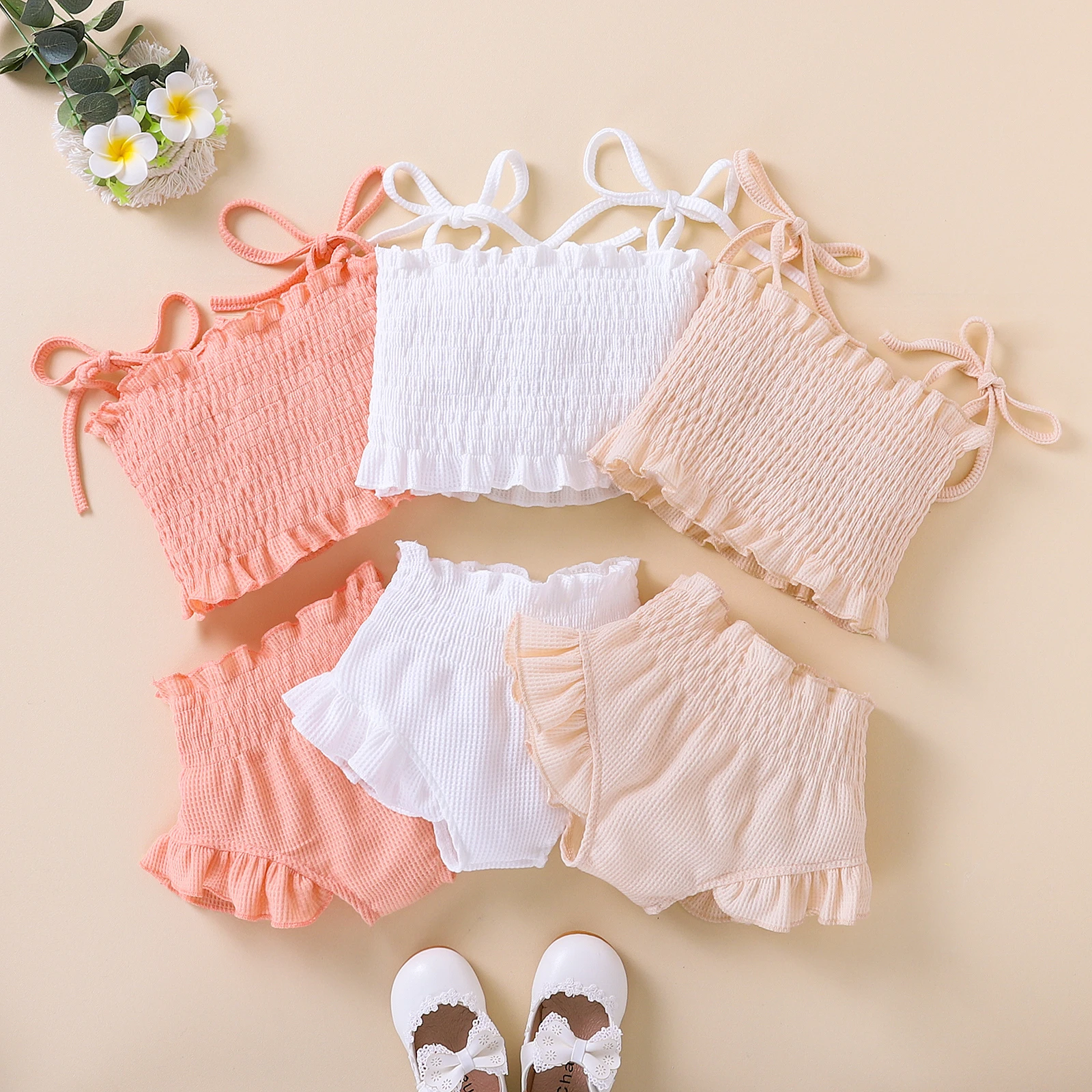 stylish baby clothing set Infant Girls Two-Piece Clothes Outfit, Tie-Up Spaghetti Strap Sleeveless Ruched Solid Color Tank Tops + Shorts Baby Clothing Set for girl