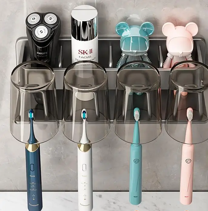 Description Picture 2 of item2 Cups Toothbrush Holder Wall Mounted With Toothpaste Dispenser Bathroom Accessories Set, Black Tooth Brushing Holder Bathroom