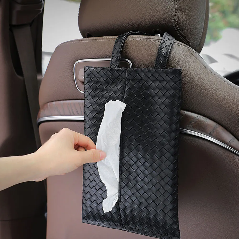 

PU Leather Car Tissue Box Holder Car Seat Back Hanging Napkin Storage Center Console Tissue Organizer Bag Interior Accessories