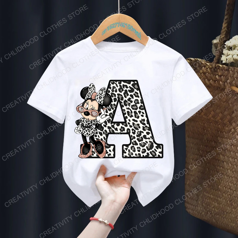 Children T Shirt Minnie Letter A B C D Kawaii Disney Clothes for Girls Anime Cartoons Casual Kid Boy Short Sleeve Tops