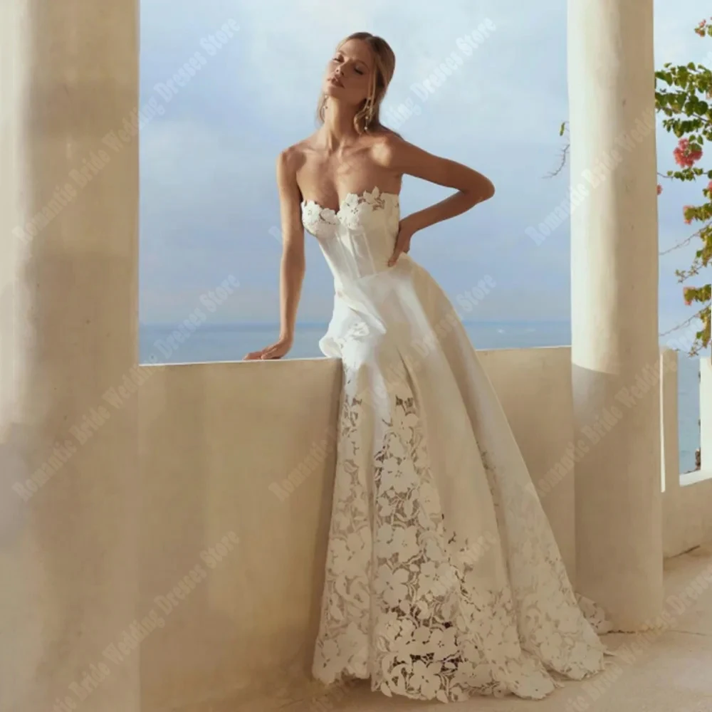 Elegant A-Line Women Wedding Dresses Bright Lace Bridal Gowns Mopping Length Sleeveless Princess Vestidos De Novias Customized 4