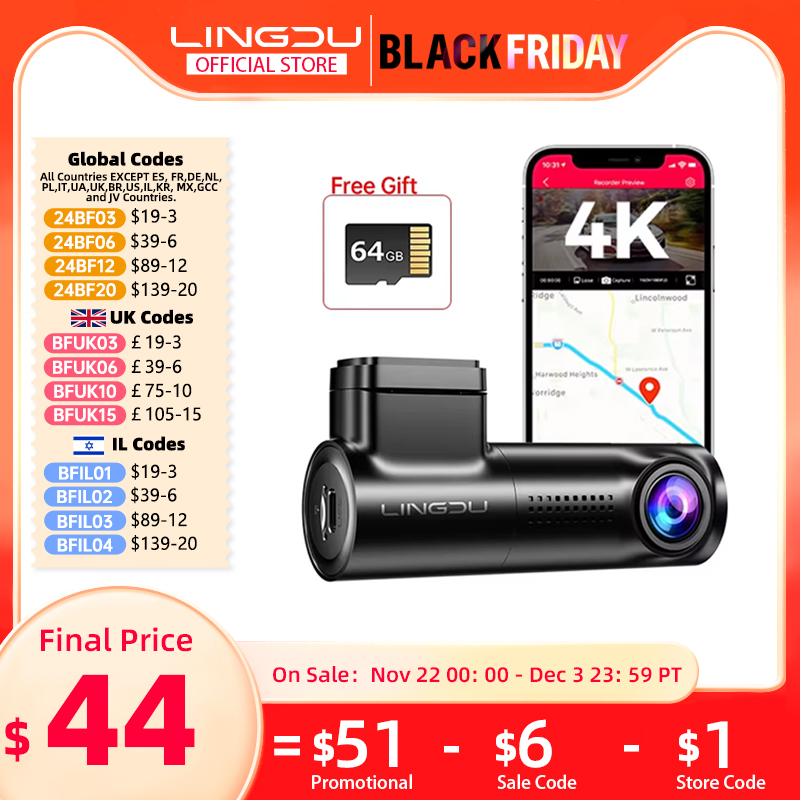 LINGDU D500 Dash Cam 4K 2160P UHD Car DVR WiFi Camera Built in GPS Voice Control 24H Parking Monitor Night Vision