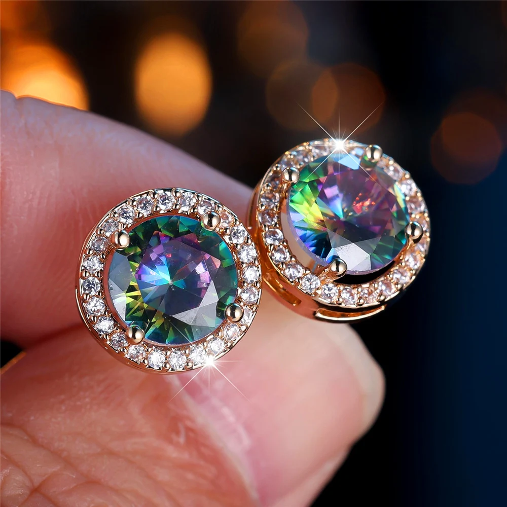Cute Female Multicolor Pink Black Zircon Round Stone Stud Earrings Gold Color Wedding Jewelry For Women