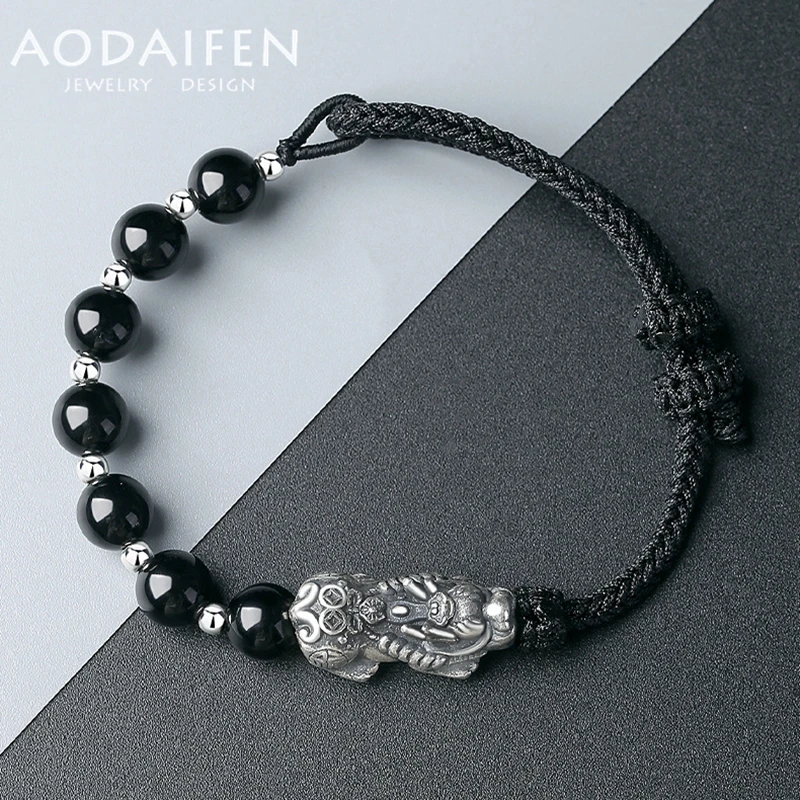 

AODAIFEN Simple Retro S999 Sterling Silver Pixiu New Obsidian Bracelet Men's Adjustable Handwoven Handrope Fashion Jewelry Gift