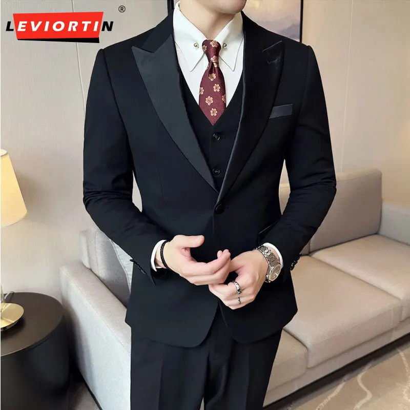 

Four Seasons New Dress Single Row Gun Lapel Collar Suit, Suit Pants, Slim Fit Business Set, Men's Wedding Party Tailcoat M-6XL