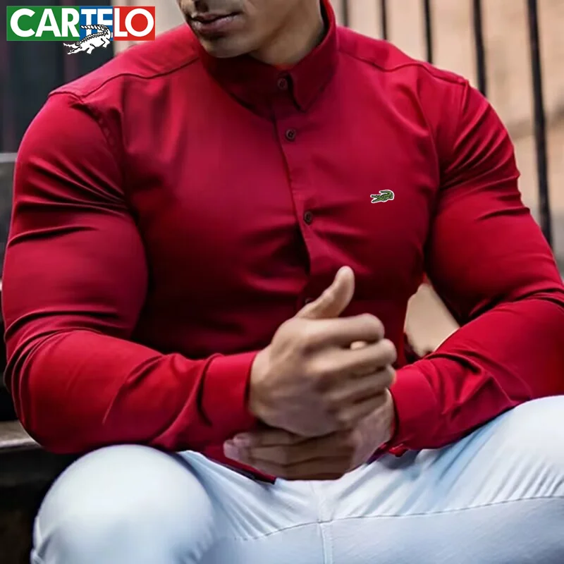CARTELO Men's Long-sleeved Shirt Spring and Autumn Fashion Embroidery  Lapel Bottoming Shirt Loose Casual High-end New Men's Top