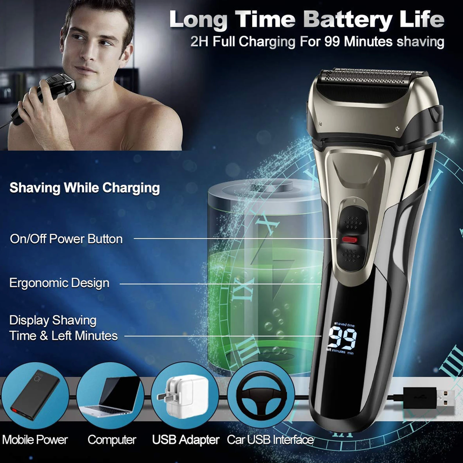 Foil Electric Shaver 4D For Men Rechargeable Shaving Beard Razor Trimmer Machine IPX6 Washing 8000rpm For Barber HT-909