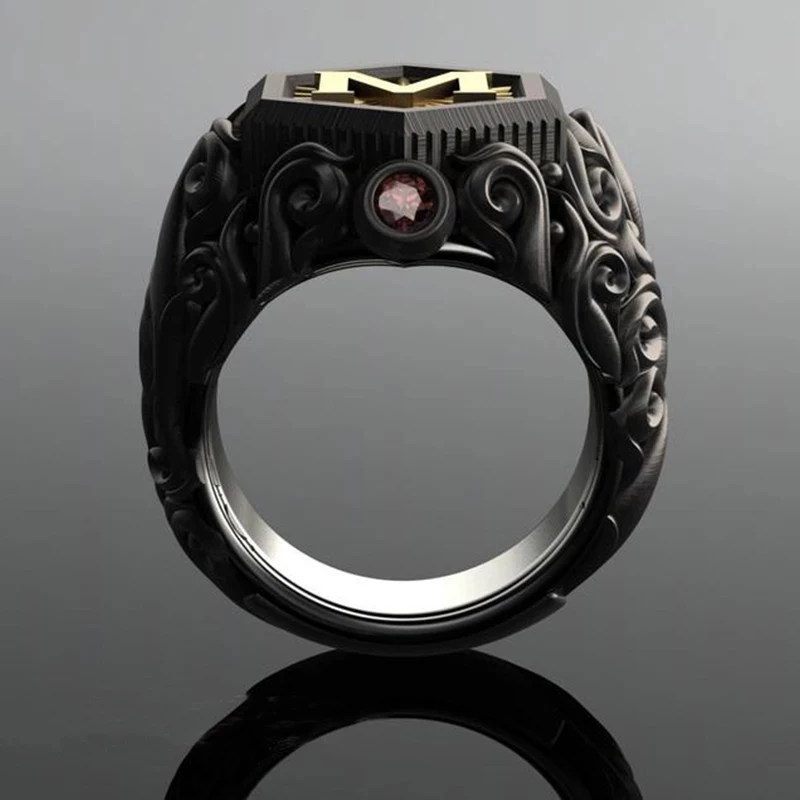 Signet Ring Classic Retro Black Men Gold Color Carving M Letter Steampunk For Birhday Gift Party Gothic Jewelry