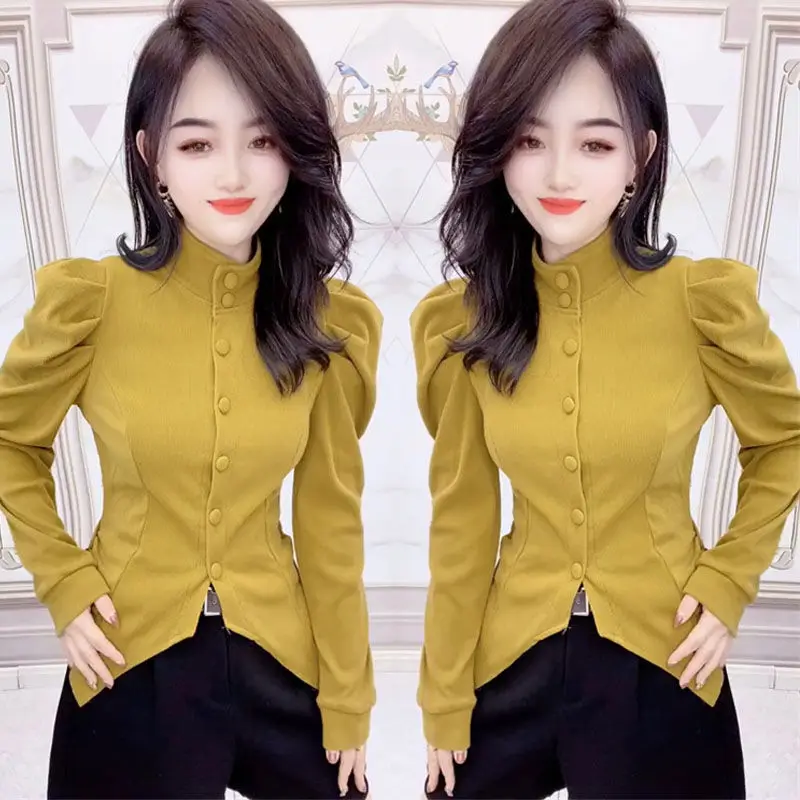 Elegant Stand Collar Button Asymmetrical Shirts Women's Clothing 2023 Autumn Winter Loose All-match Tops Puff Sleeve Blouses