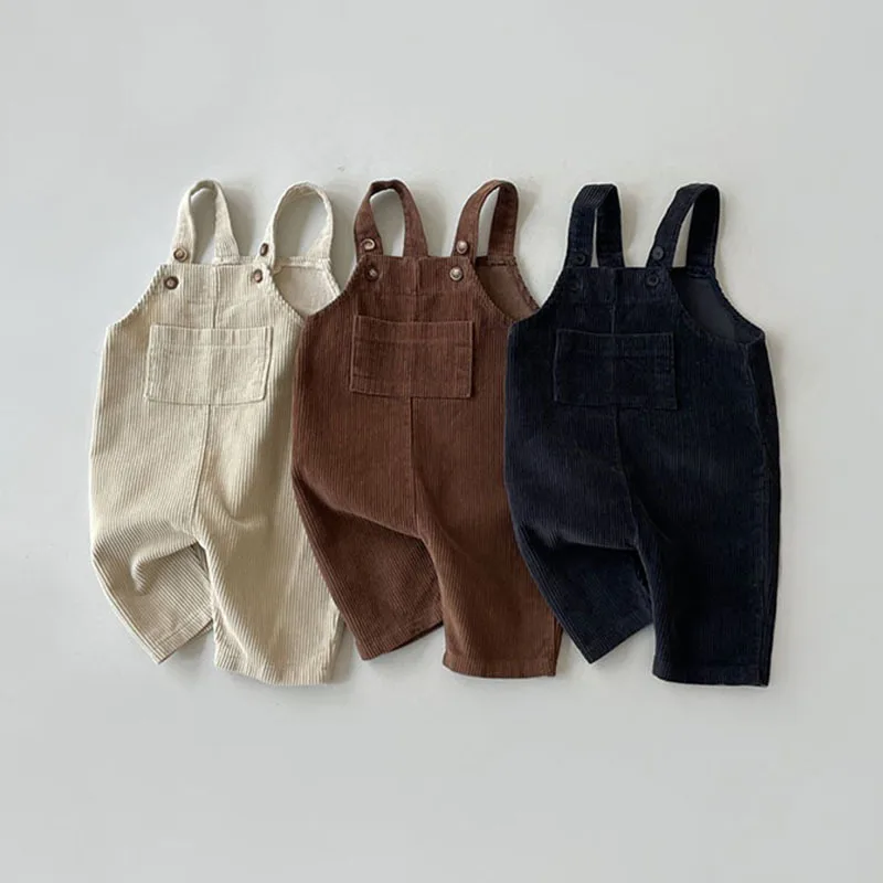 

2024 Spring Ins Boy Girl Children Retro Corduroy Overalls Baby Solid Suspenders Pants Kid Cotton Casual Trousers Infant Clothes