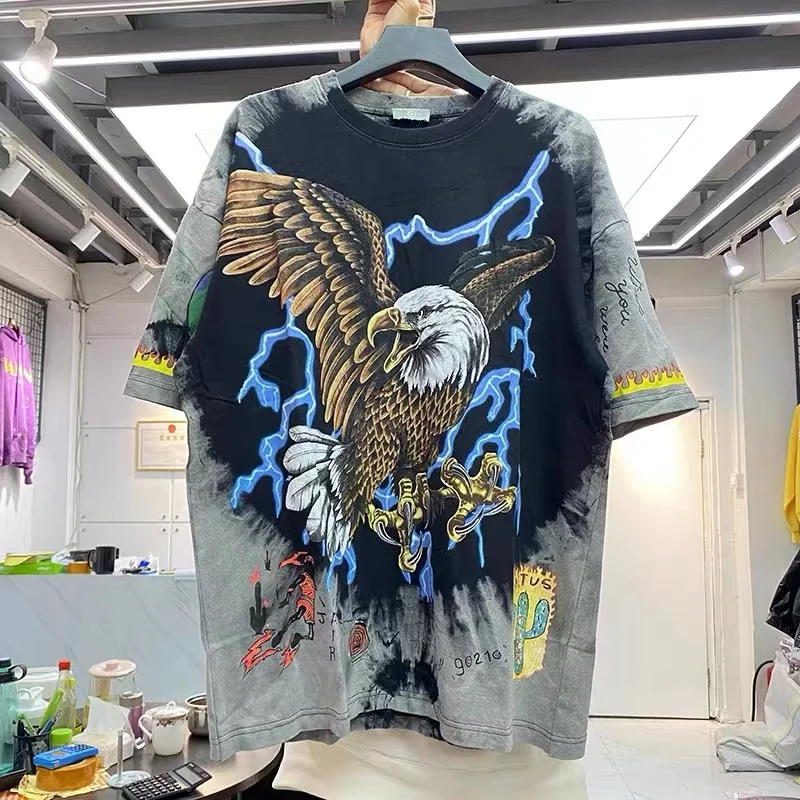 

Harajuku Retro Men Women T Shirt Lightning Eagle Graffiti Tie Short Sleeve Loose T Shirt