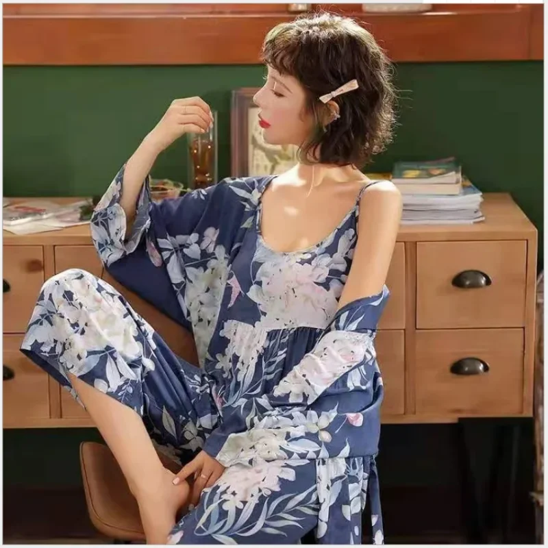 

Summer Women 3 Piece Sling Robe and Long Pants Home Sleepwear Clothing Pajamas Set Loose Female Long Sleeve