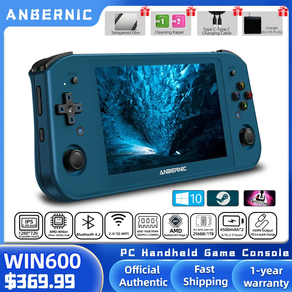 ANBERNIC Win600 5.94" Handheld Game Console Portable PC Mini Laptop Win 10 AMD Athlon Silver 3050e/3020e 8G DDR4  With Steam OS