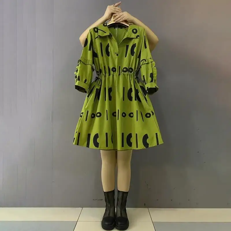 Korean Turn-down Collar Letter Printing Half Sleeve Umbrella Skirt Fashion Plus Size Summer Clothes for Women Waist Mini Dresses