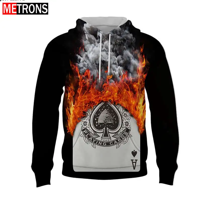 

2023 New Men's Long Sleeve Hooded Pullover Top Pocket 3D Print Plus Size Harajuku Spring Autumn Clothing Flame Poker Pattern