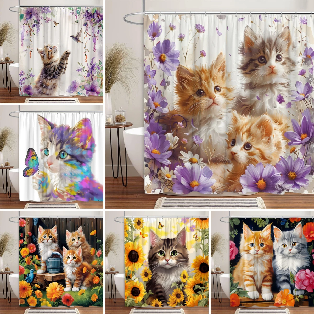 

Забавные шторы для душа с животными, современные декоративные занавески из полиэстера для ванной комнаты, кошек, собак, цветов, растений, бабочек, акварельных ферм