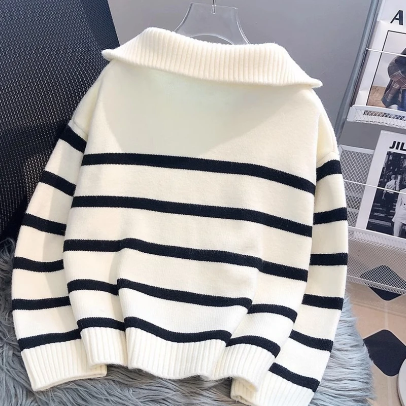 Fashion New Autumn and Winter Women's Zipper Lapel Long-sleeved Sweater Retro Striped Casual Knitwear Office Pullover Shirt