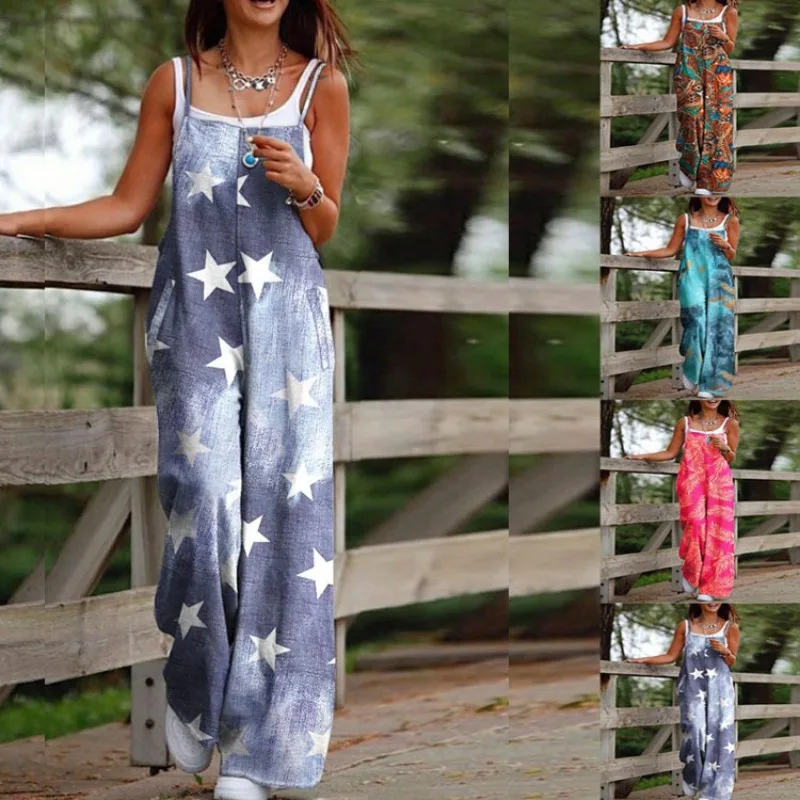 

2023 Women's Summer Jumpsuits Suspender Jumpsuit Sleeveless Loose Wide Leg Pants Elegant Beach Party Bodysuit