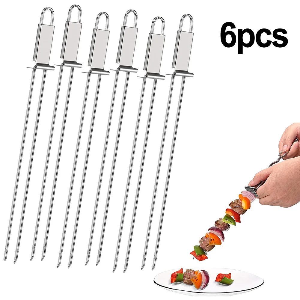 Barbecue Skewers, BBQ Grilling Accessories 6 Pcs Stainless Steel BBQ Skewers BBQ Skewers Push Bar 32.5cm Long Double Pronged For Charcoal Electric Grills Barbecue Tools