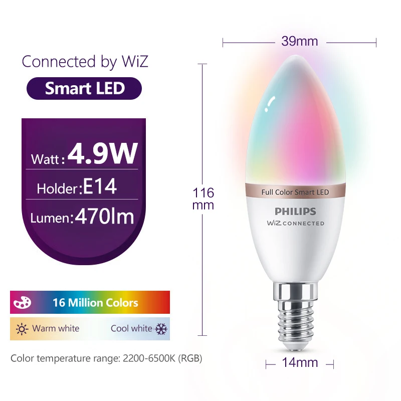 Philips Smart LED Candle Light Bulb, 16 Million Colors, Wi-Fi & Bluetooth, Frosted Dimmable, CRI90