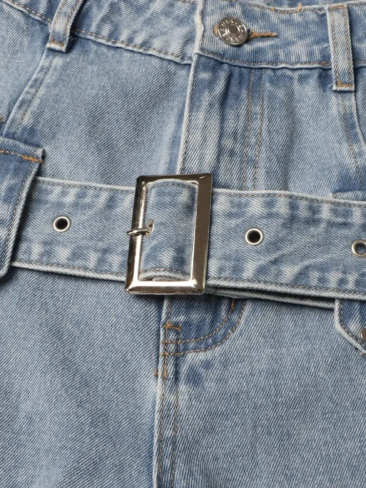 TWOTWINSTYLE Casual Cut Out Denim Trousers For Women High Waist Patchwork Belt Vintage Streetwear Jean Female Fashion Clothing