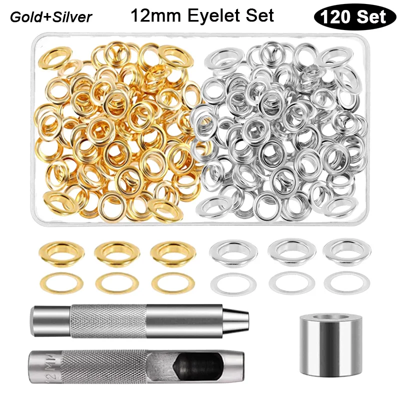 Grommet Tool Kit 120 Sets Grommets Eyelets 12mm Inside Diameter Punch Installer Tool for Leather Clothing Shoes Belt Curtains